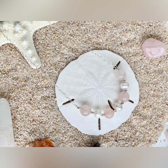 Sterling Silver Genuine Rose Quartz & Pearl Floating Necklace - Picture 2 of 4